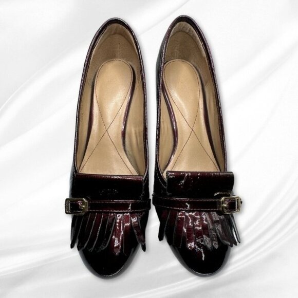 Isola Tara Kilted Buckle Patent Leather Block loafer Heels Burgundy Women's Sz 8 - Picture 1 of 9